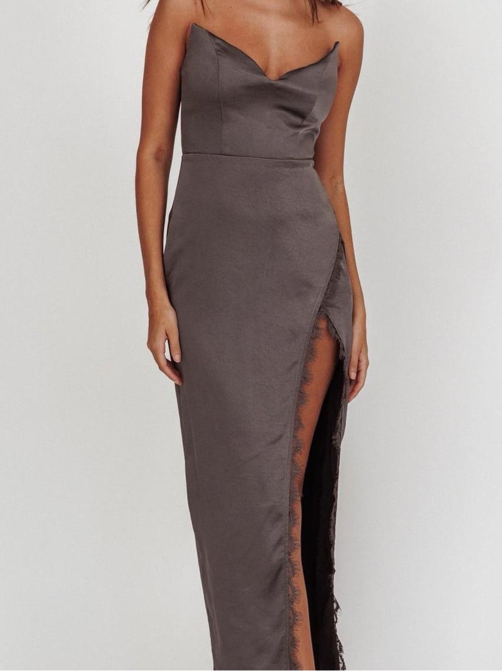 Selfie Leslie Winter Moon Strapless Lace Trim Midi Dress Charcoal Gray Satin